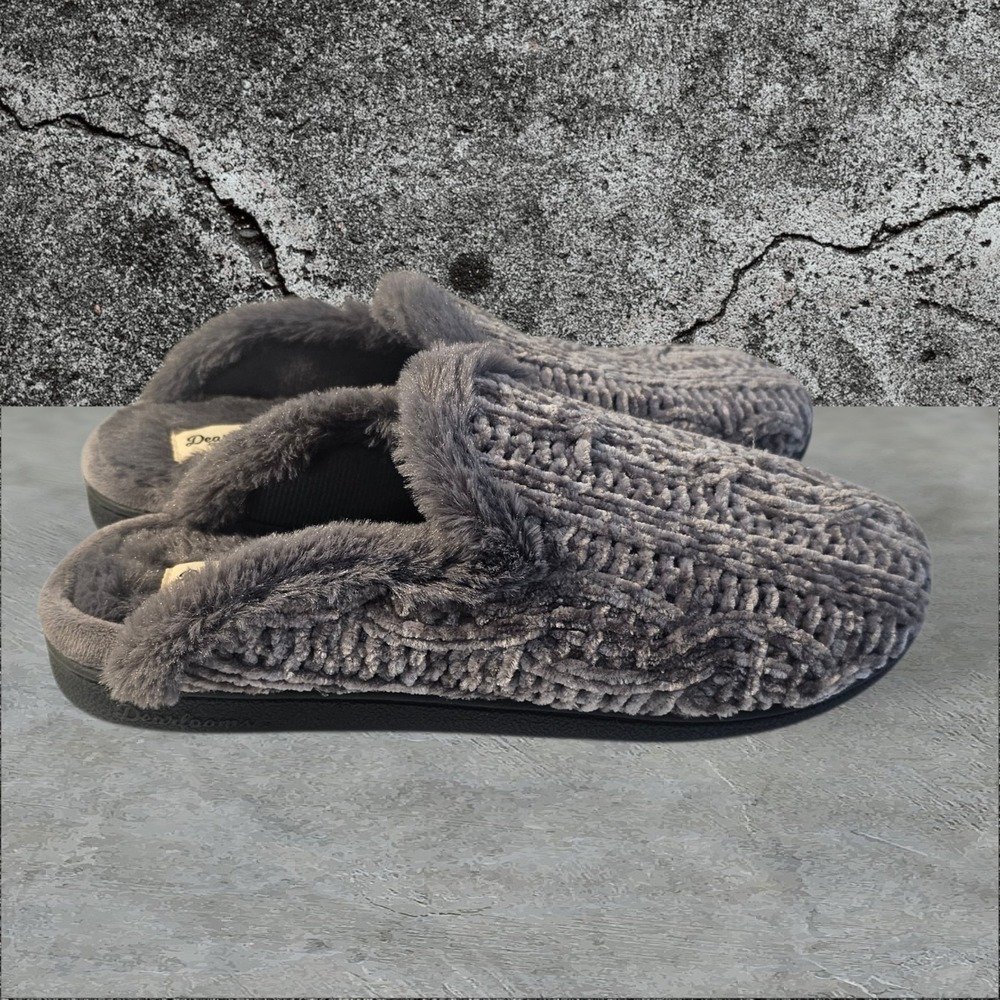 Dearfoams Chenille‎ Scuffs Women's Large(9-10) Grey Gel Memory Foam Slippers